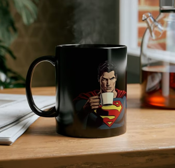 a black cup on a brown table with an image of a superman