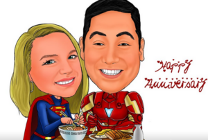 a man and a woman eating showing superman gifts for anniversaries